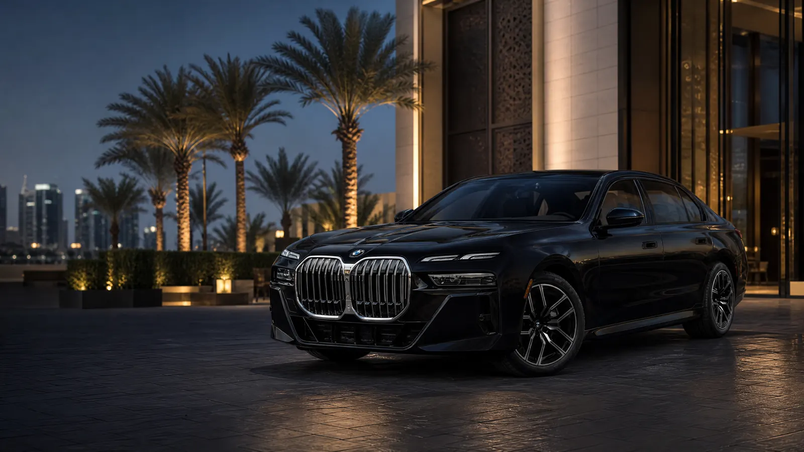 Schwarzer BMW 735i, Modelljahr 2025, vor einem zeitgenössischen Hotel in Dubai bei Blue Hour