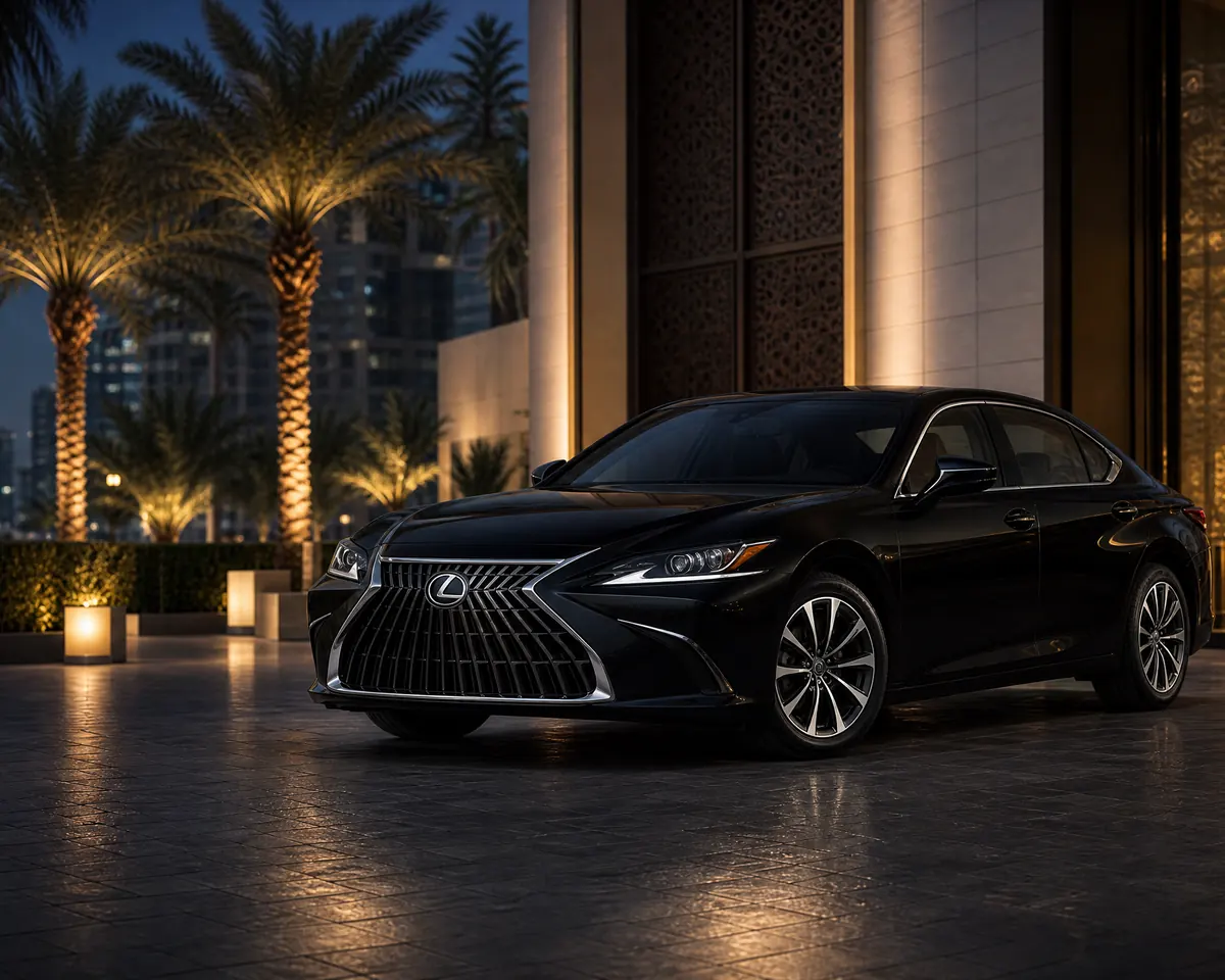 Schwarzer Lexus ES 300H in Dubai bei Blue Hour